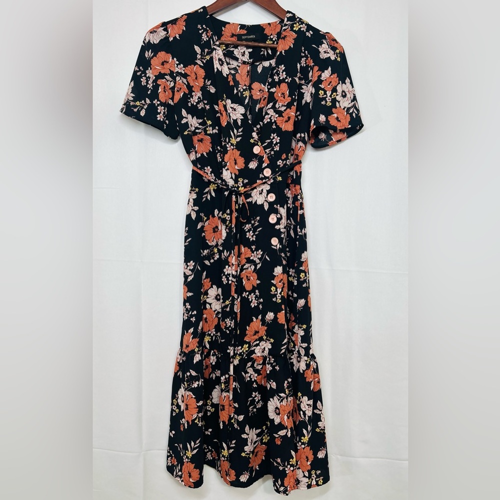 September the shop Vibrant Floral Faux Wrap Dress Lrg Asymmetrical Button Up - Picture 2 of 11